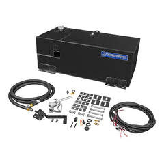 Black fuel transfer tank shown with dispensing hose, wiring and mounting hardware