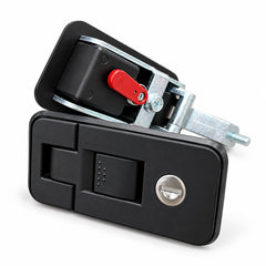 Pair of canopy locks showing the exterior handle and red interior release lever