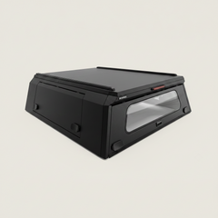 Ironhaul Aluminum Truck Canopy V2 in black, standardized three-quarter product view on a light neutral studio background