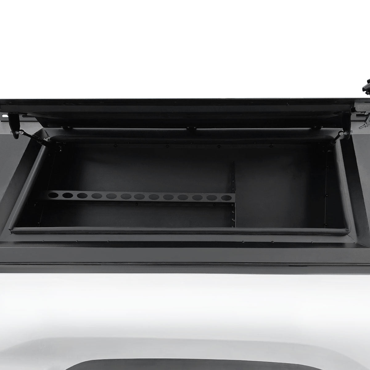 Open black Ironhaul canopy tool box with internal organizer rail