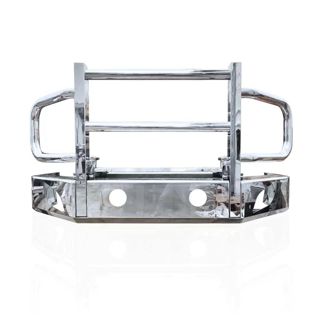 A polished chrome metal front bumper guard with integrated side handles and mounting holes, shown on a white background with a faint reflection.