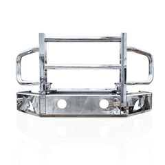 A polished chrome metal front bumper guard with integrated side handles and mounting holes, shown on a white background with a faint reflection.