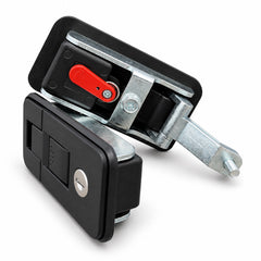 Angled side view of canopy lock pair with interior release lever