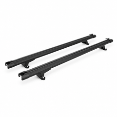 Pair of black canopy crossbars with mounting feet on a white background