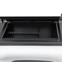 Open black Ironhaul canopy tool box with internal organizer rail