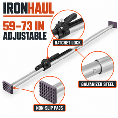 IRONHAUL 59 to 73 inch adjustable cargo bar showing ratchet lock, galvanized steel and non-slip pads