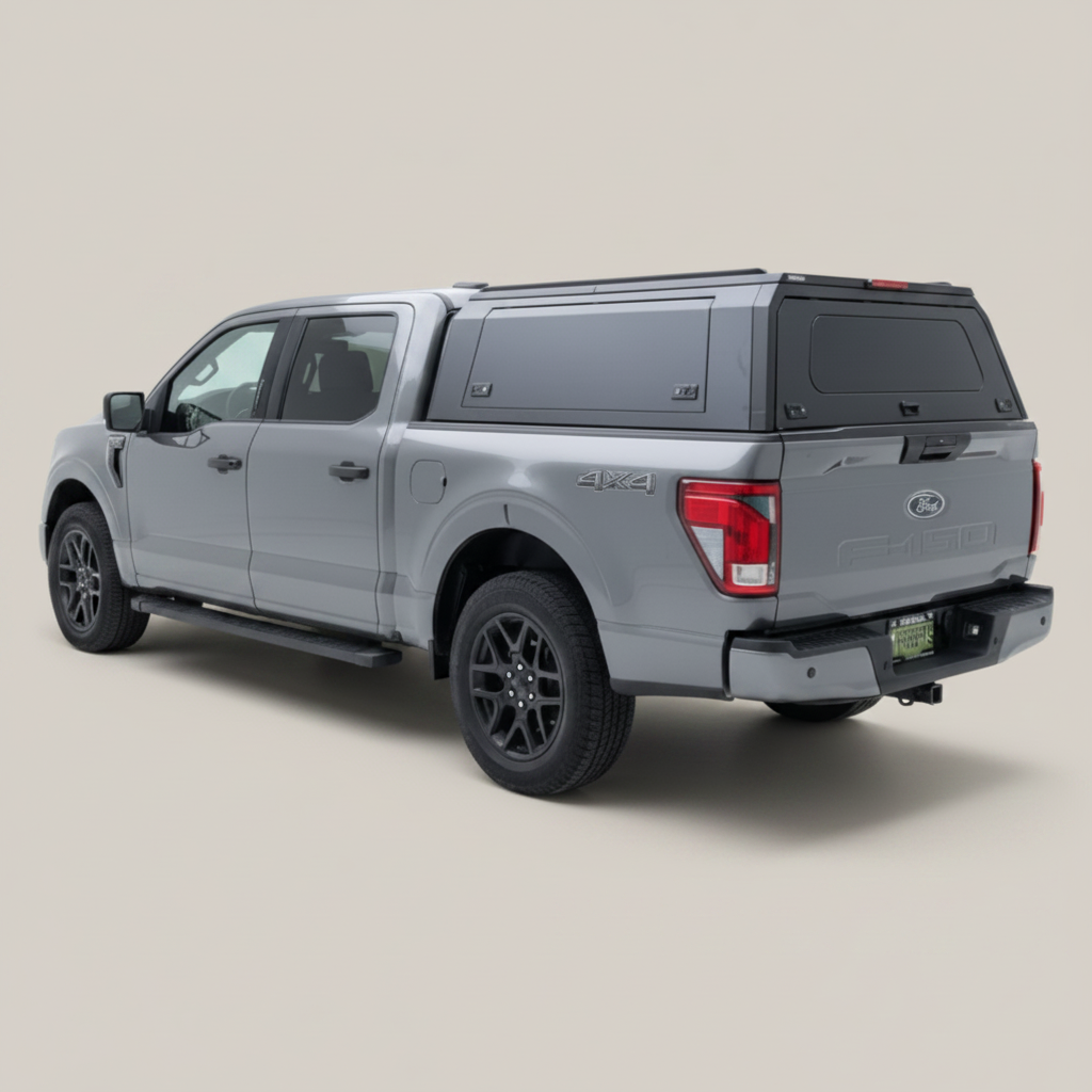 Ironhaul Ford F-150 Aluminum Truck Canopy V2, rear three-quarter view on a light neutral studio background