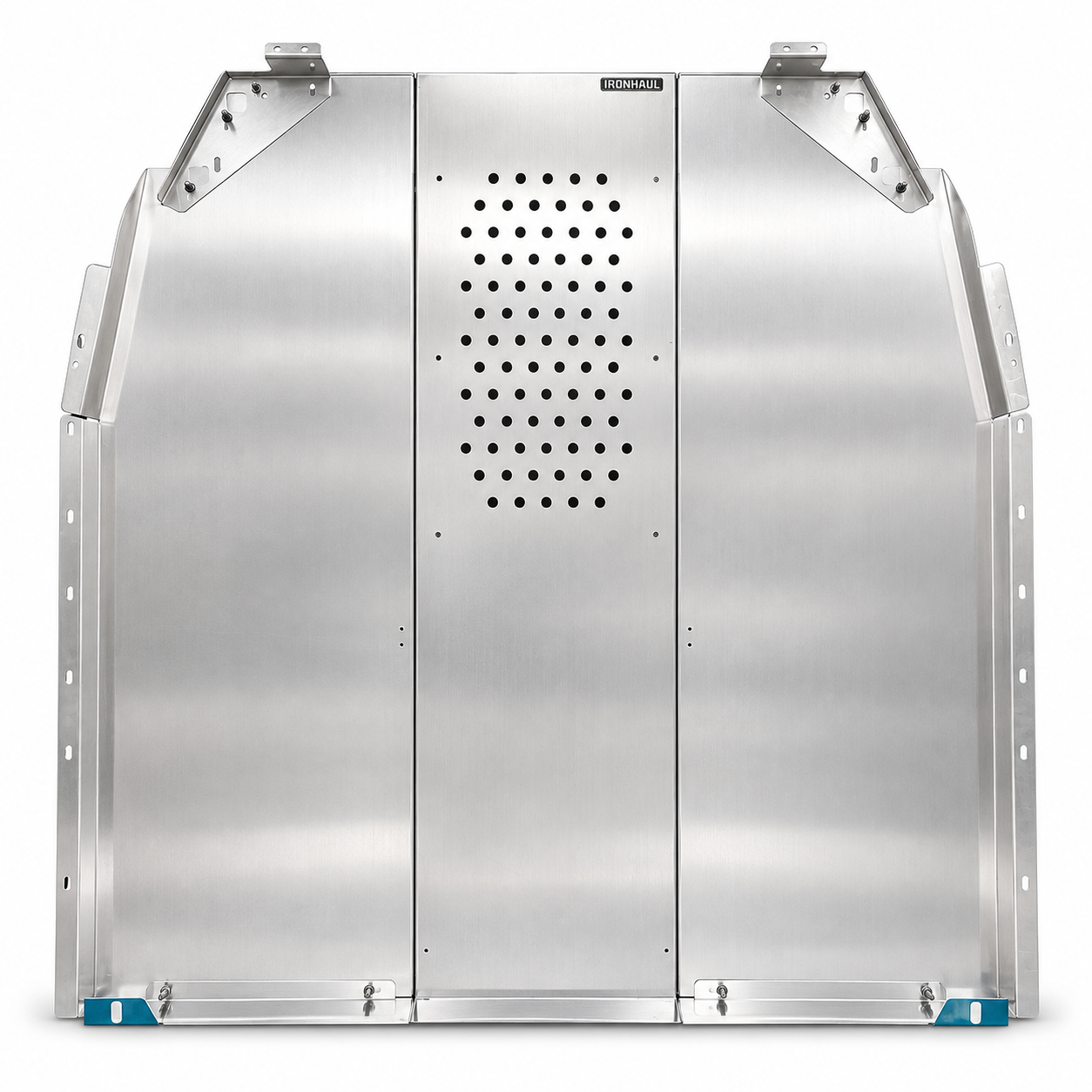 IRONHAUL aluminum cab partition for Ford Transit medium roof with perforated center panel and silver metallic finish