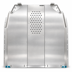 IRONHAUL aluminum cab partition for Ford Transit medium roof with perforated center panel and silver metallic finish