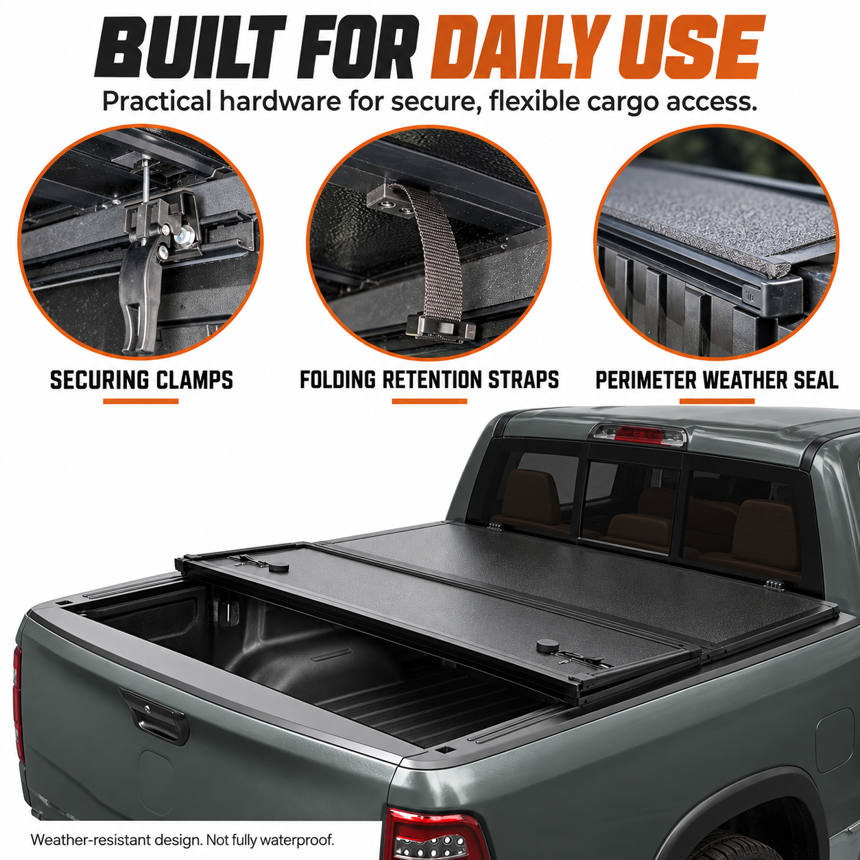 IRONHAUL hard tri-fold tonneau cover securing clamps, retention straps and weather seal