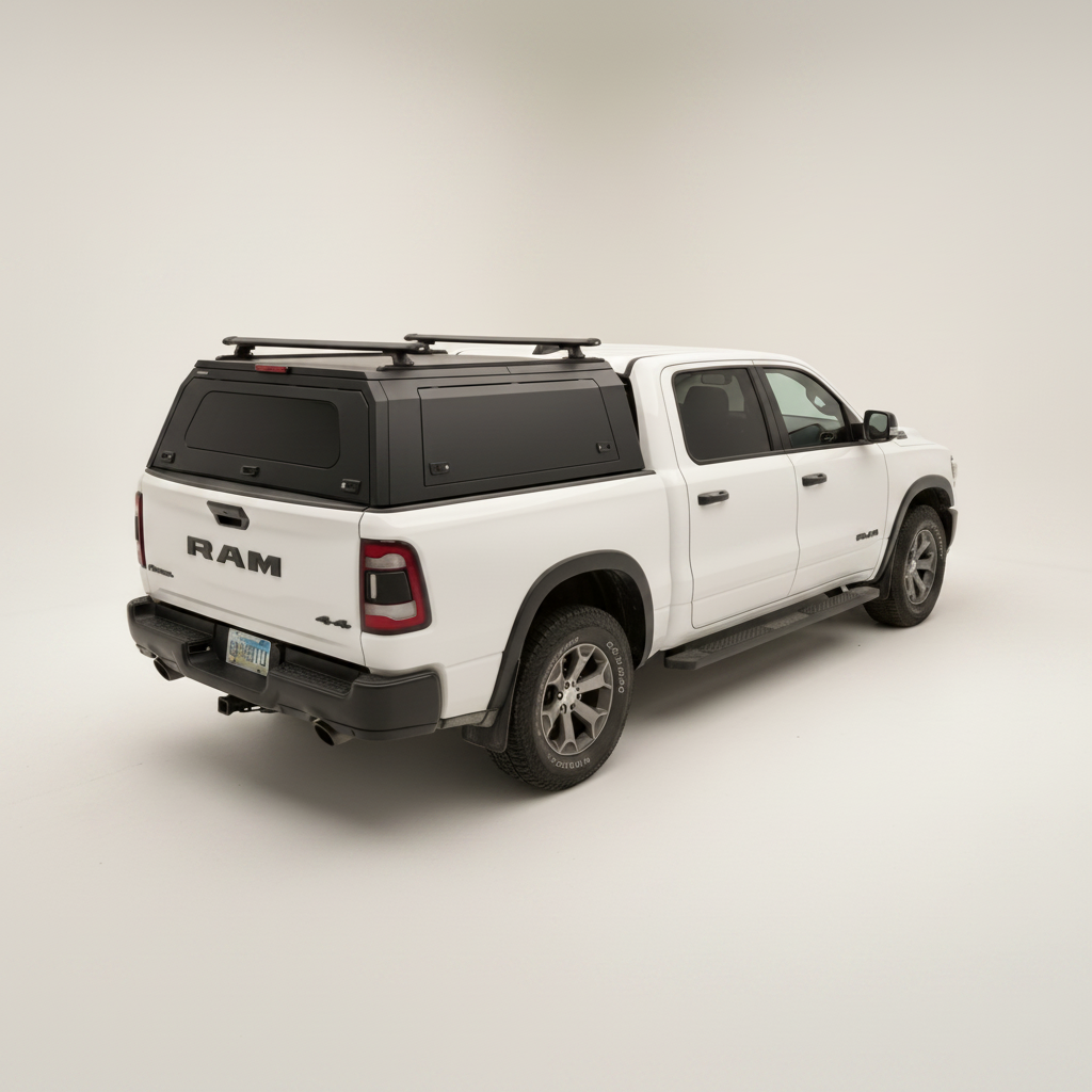 Ironhaul RAM Aluminum Truck Canopy V2, rear three-quarter view on a light neutral studio background