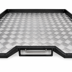 Central pull handle and checker-plate deck detail of IRONHAUL cargo tray