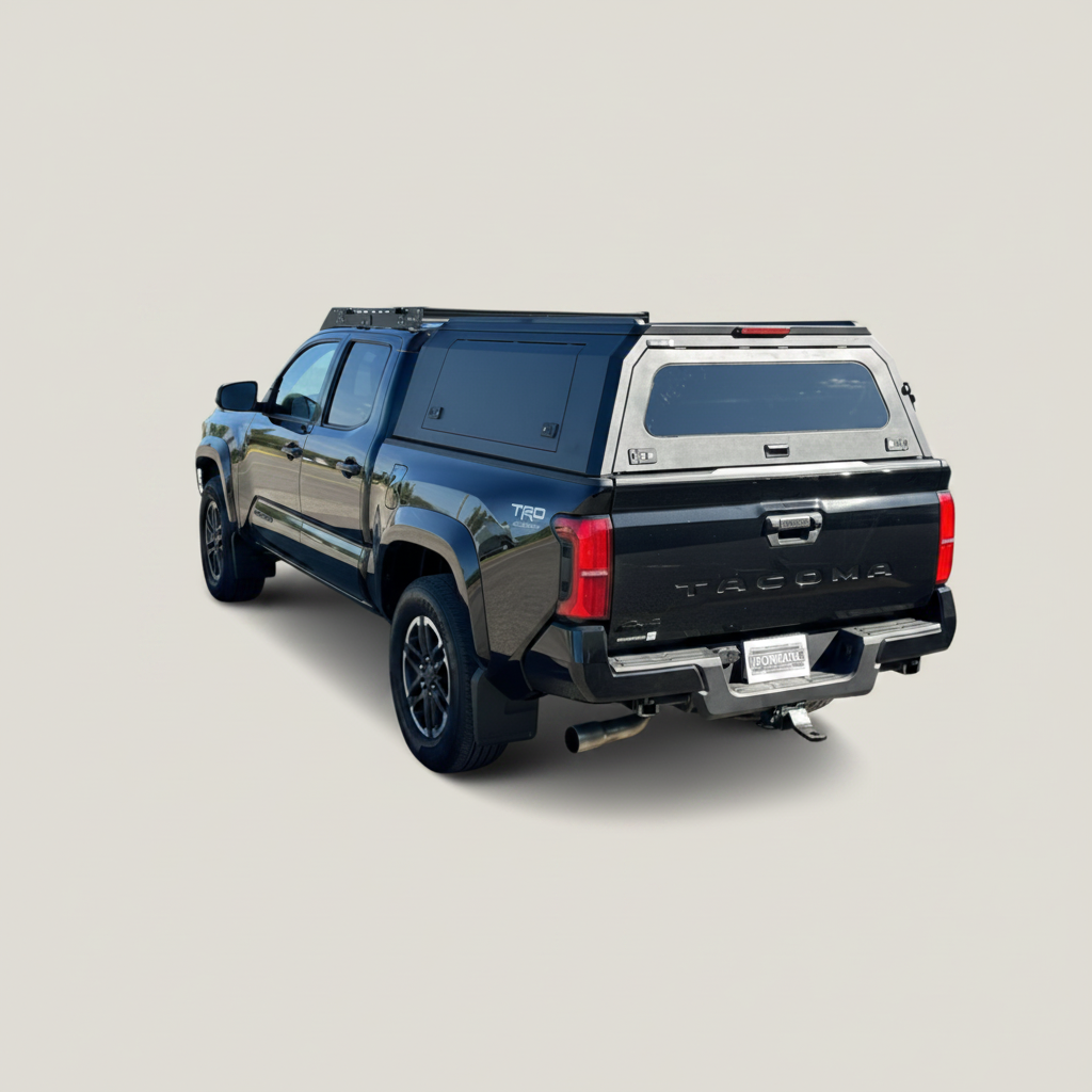 Ironhaul Toyota Tacoma Aluminum Truck Canopy V2, rear three-quarter view on a light neutral studio background