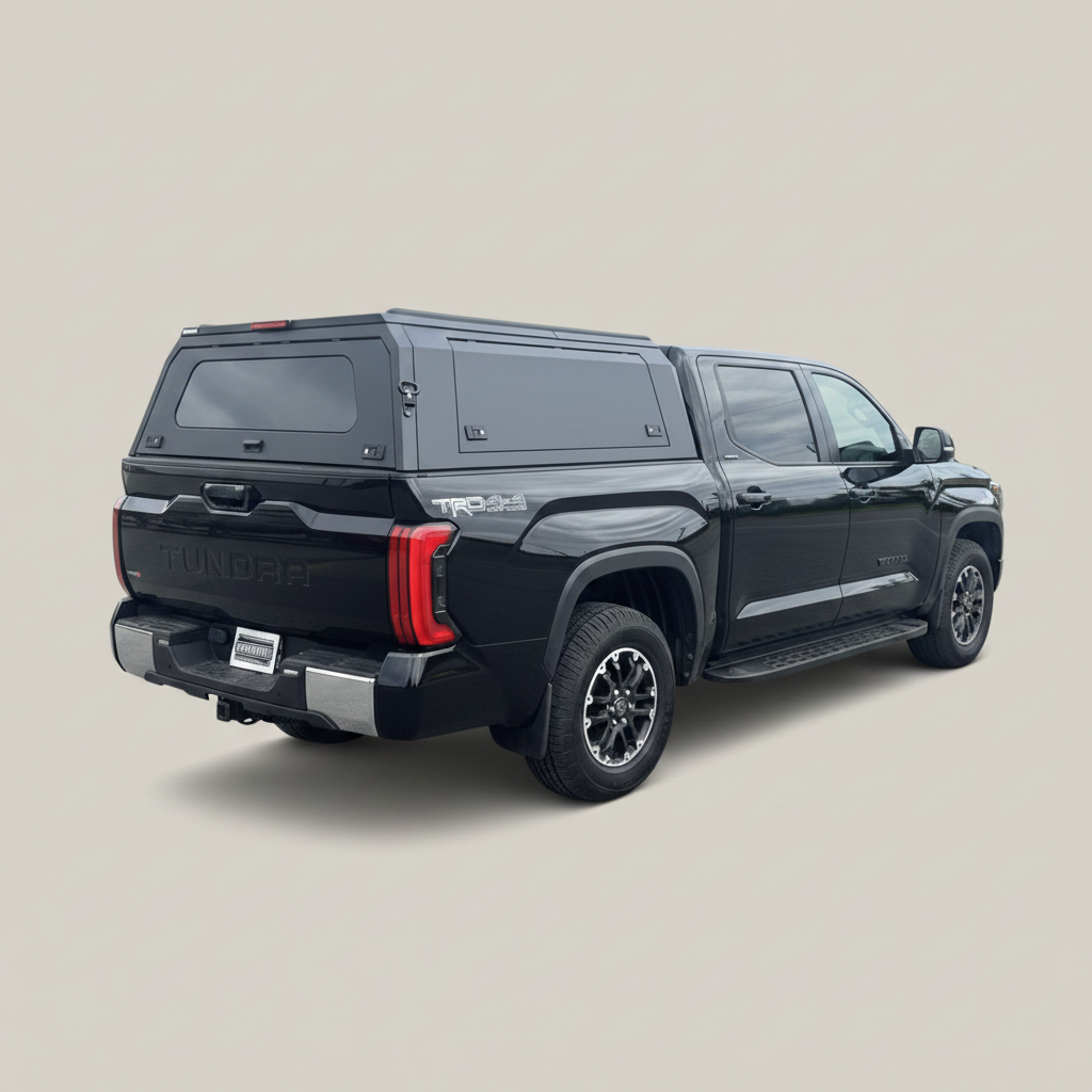 Black Toyota Tundra with Ironhaul aluminum truck canopy V2 on a light neutral studio background